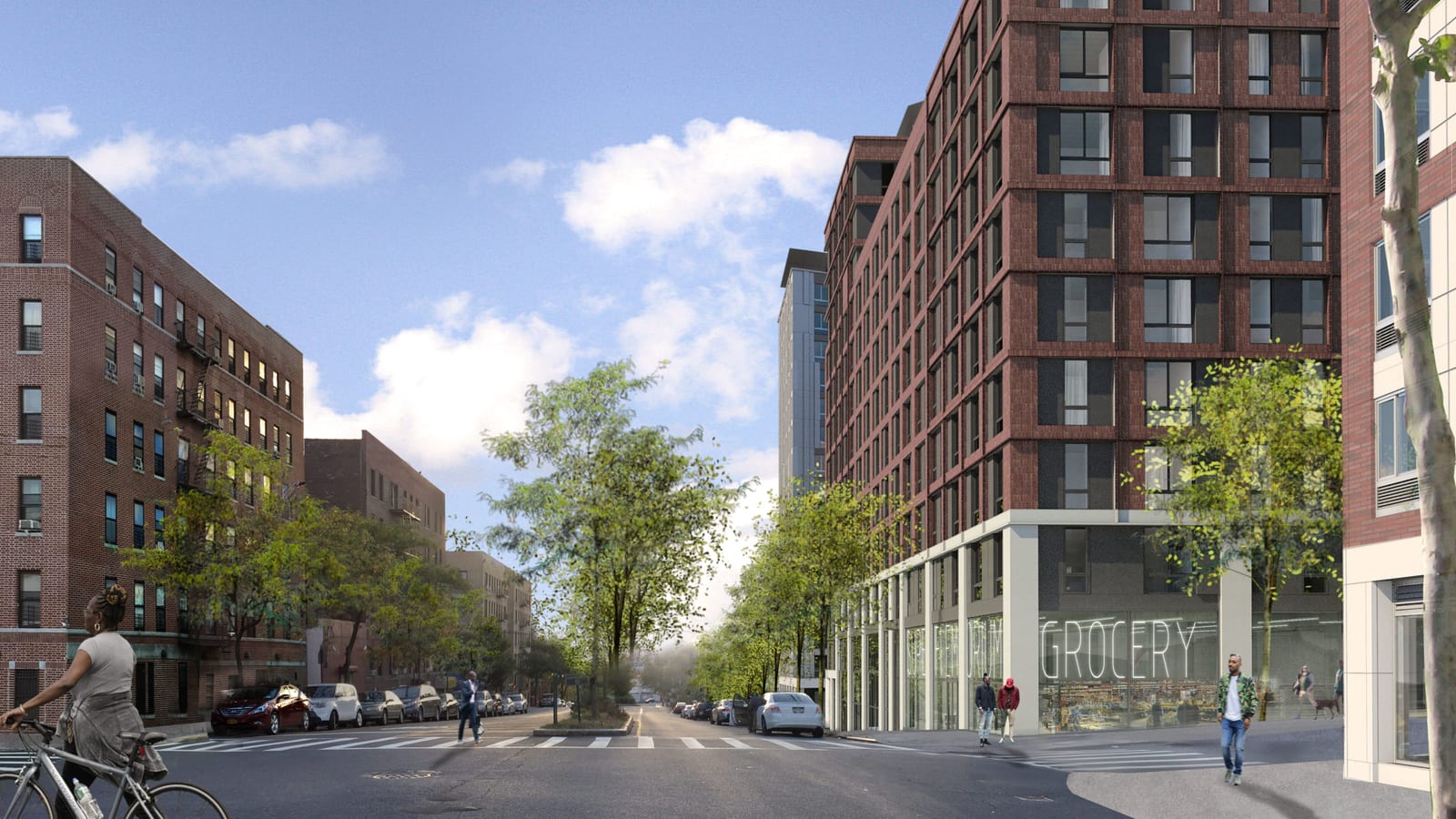 Rendering of a street intersection with a dark red brick apartment building of about twelve stories on the right, a ground-floor storefront with a sign reading GROCERY, a tree-lined street and older brick apartment houses on the left