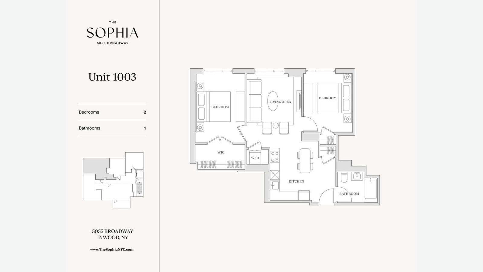 Floor plan of Unit 1003 at The Sophia, 5055 Broadway: two bedrooms, one bathroom, a living area, a kitchen with a dining table, a washer and dryer closet and a walk-in closet, with a key plan of the floor