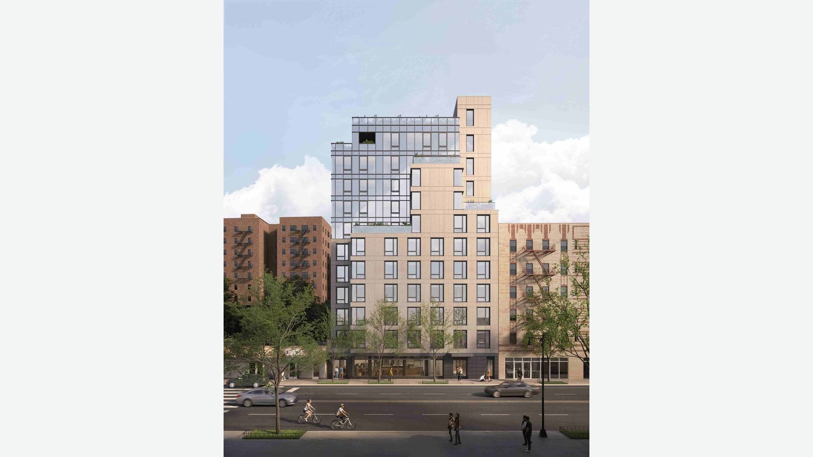 Rendering of the Broadway front of an 11-story building: a tan paneled lower block with rows of square windows, a glass upper section set back behind terraces, a glass storefront at street level, street trees, two cyclists and cars on Broadway, between brick apartment buildings
