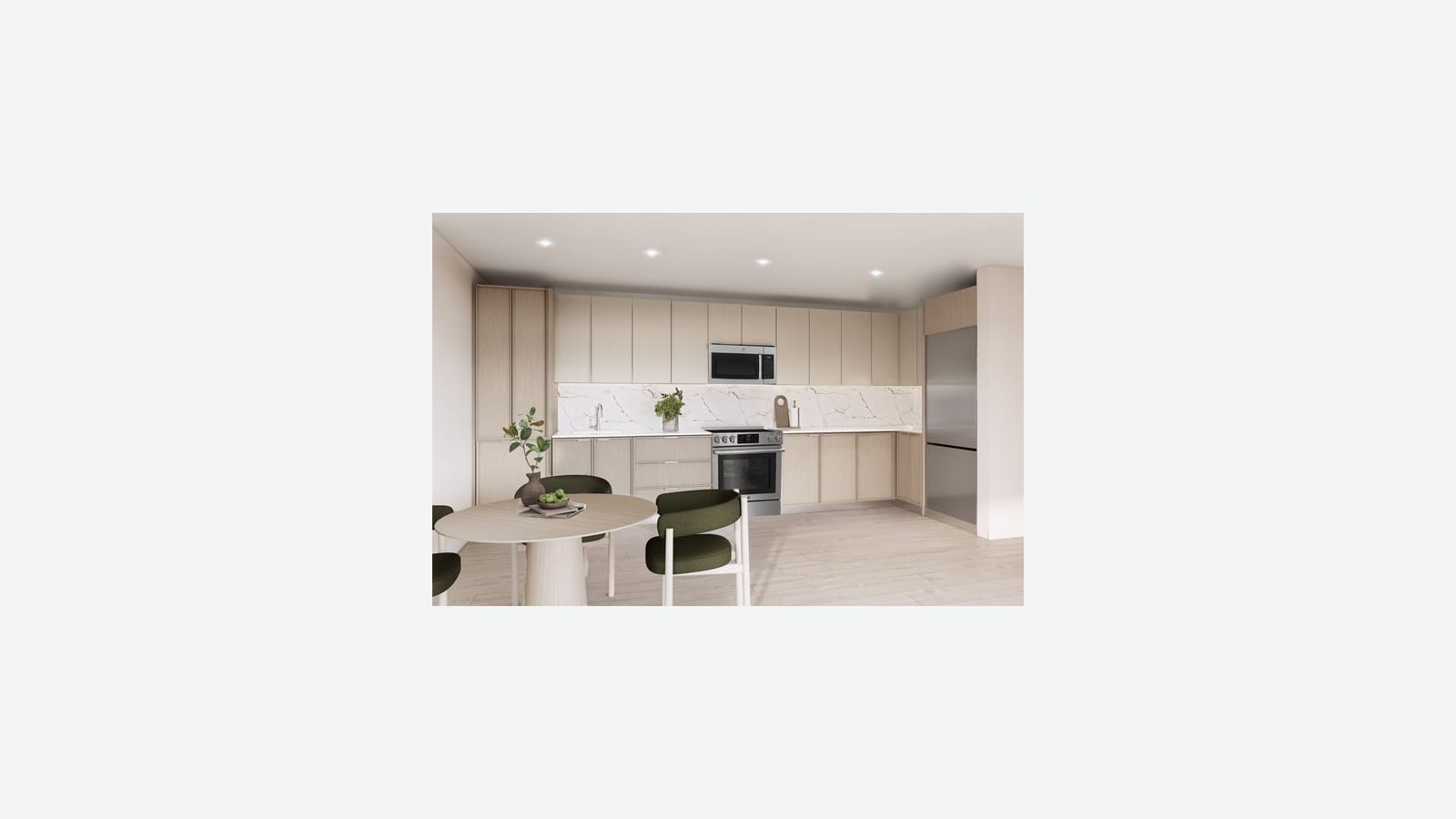 Rendering of an open kitchen with pale wood cabinets, a white veined stone backsplash, a stainless range with a smooth cooktop, a microwave above it, a stainless refrigerator, and a round table with dark green chairs