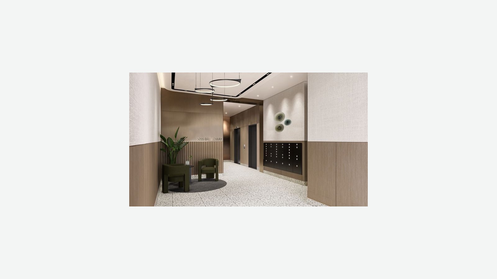 Rendering of a lobby with a terrazzo floor, wood-paneled walls, the words 5055 Broadway on a wall, two green armchairs, two elevators and a wall of black package lockers