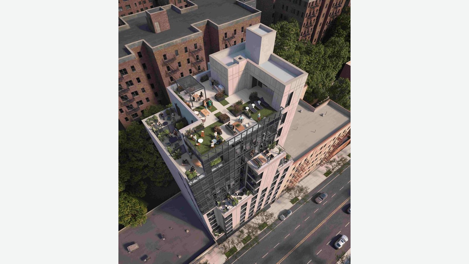 Aerial rendering of the building's roof terrace with lawn, planters, a pergola, a grill counter, lounge chairs and small figures, with private terraces on the floors below and Broadway with parked cars along the right