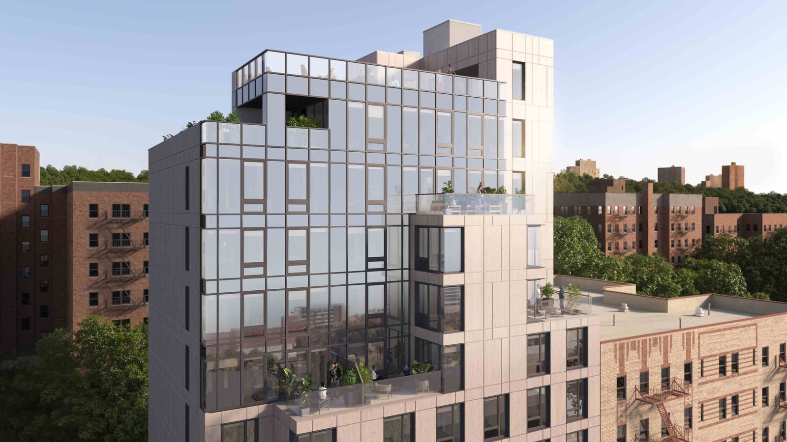 Rendering of the upper floors of an 11-story apartment building with pale stone-colored panels below and a dark-framed glass curtain wall above, terraces with glass railings, plants and seated people at several setbacks, between red and tan brick apartment buildings with fire escapes and green trees