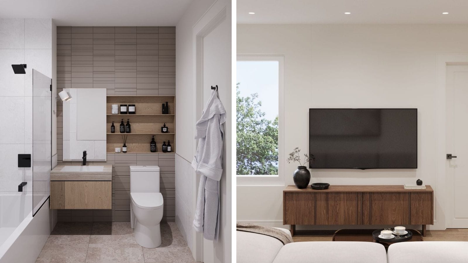 Two renderings side by side: at left a bathroom with a glass-screened tub, a floating wood vanity, a toilet, open wood shelves and a robe on a hook; at right a living room wall with a mounted television over a wooden cabinet, a tall window and a white door