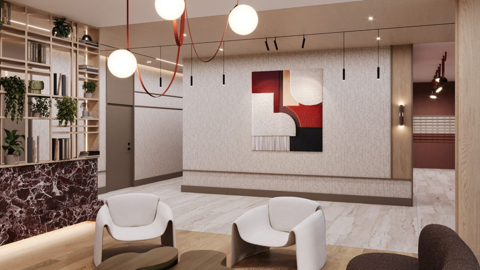 Rendering of a lobby with two white armchairs around a low wooden table, a large red, white and black textile artwork on a patterned wall, globe lights on red straps, open shelving with plants at left and mailboxes in a corridor at right