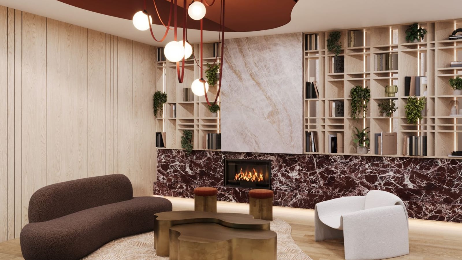 Rendering of a lounge with a curved brown sofa, a white armchair, low brass tables, a fireplace set in dark red marble, wood-paneled walls, lit open shelving with books and plants, and globe lights hanging on red straps