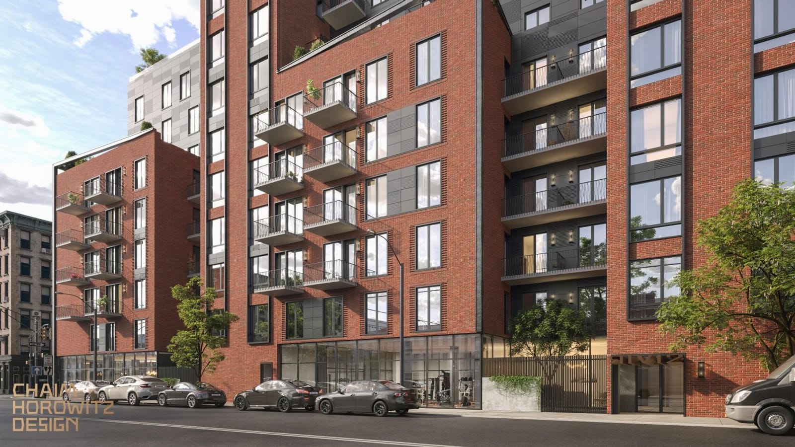 Rendering at street level of a red brick apartment building with stacked balconies, a glass-fronted ground floor showing exercise machines, a slatted gate beside a planted courtyard, and an entrance at right