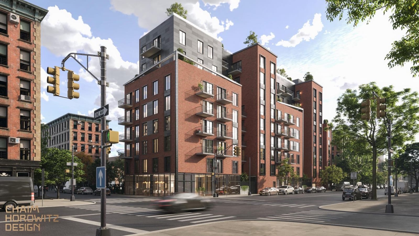 Rendering of a nine-story apartment building on a street corner in red brick with dark gray panels on the upper floors, rows of small balconies, a glass storefront base and planted roof terraces, with traffic lights, a crosswalk and a blurred passing car in the foreground
