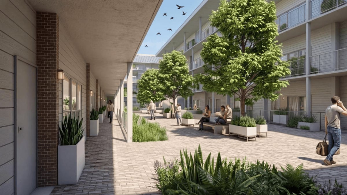 Rendering of a paved courtyard between apartment wings, with trees, planters and people sitting on benches