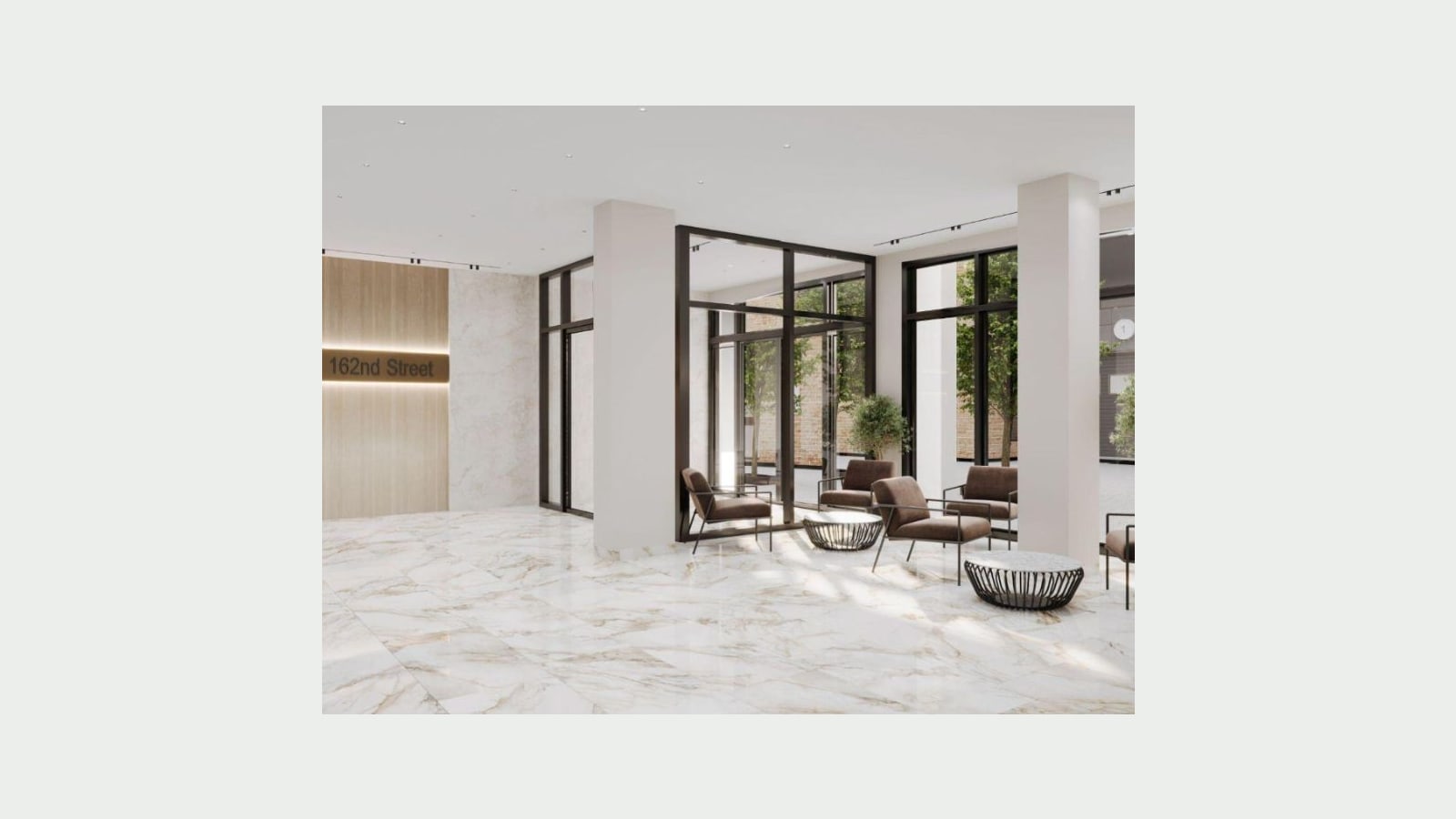 Rendering of a lobby with a white marble-look floor, a wood-panel wall with a lit sign reading 162nd Street, brown armchairs around round wire tables, black-framed glass doors and trees seen through tall windows