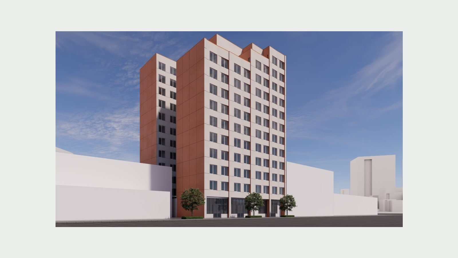 Rendering of a 12-story apartment building with white panels framed by rust-red side walls and vertical strips, rows of square windows, a glass storefront base with three street trees, and plain white blocks standing in for the neighboring buildings under a blue sky