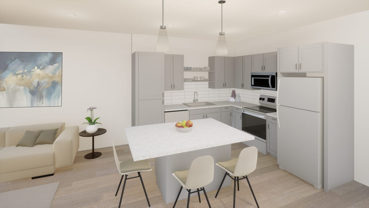 Rendering of an open kitchen with grey cabinets, a white tile backsplash, white appliances and an island with three stools, next to a living area with a sofa