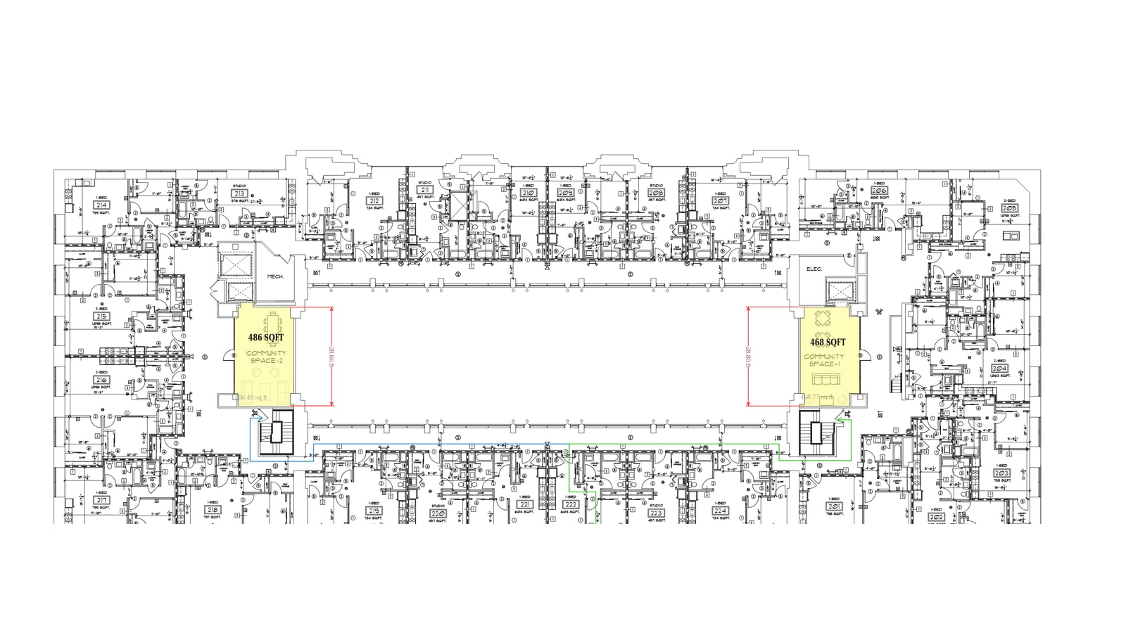 Floor plan of a long rectangular building with apartments along both long sides and both ends, an open hall in the middle and two small rooms shaded yellow
