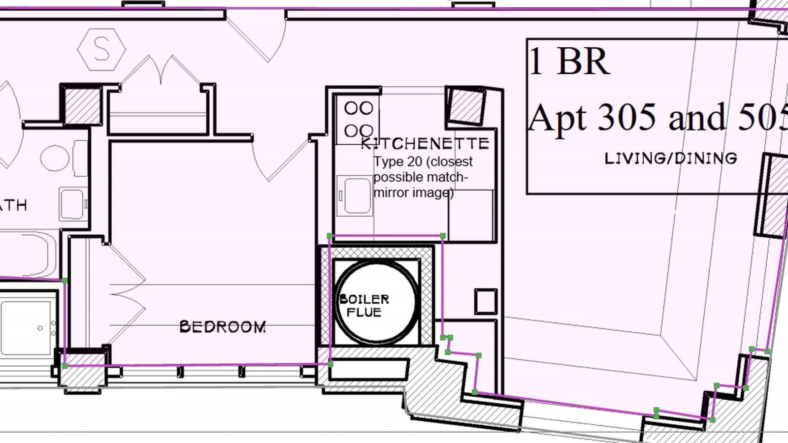 Part of an architectural floor plan in pink and black lines, labeled 1 BR, Apt 305 and 505, showing a bath, a bedroom with closets, a kitchenette with a four-burner stove, a round boiler flue and a living and dining room