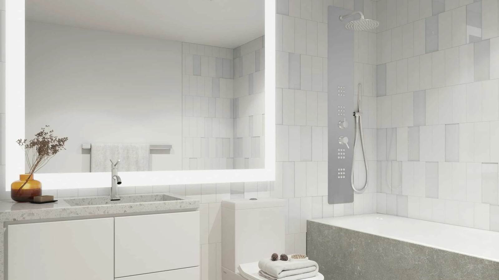 Rendering of a bathroom with a backlit mirror over a vanity, a tiled tub with a shower panel and a white toilet