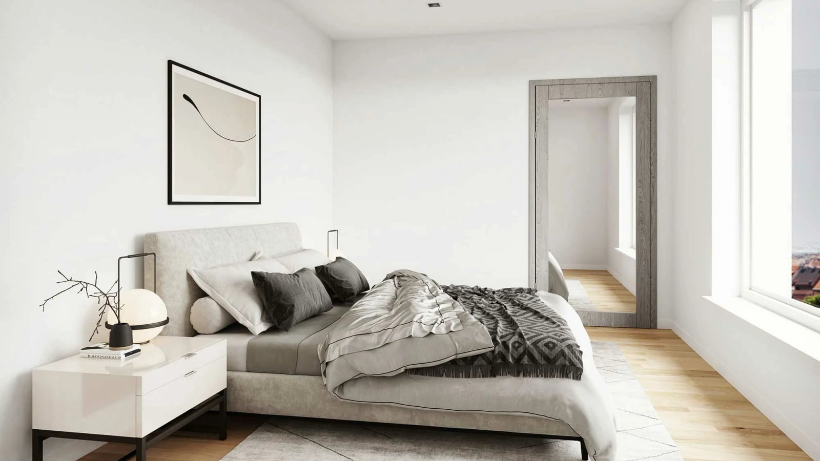 Rendering of a bedroom with a low upholstered bed, a white side table, a framed print and a tall window