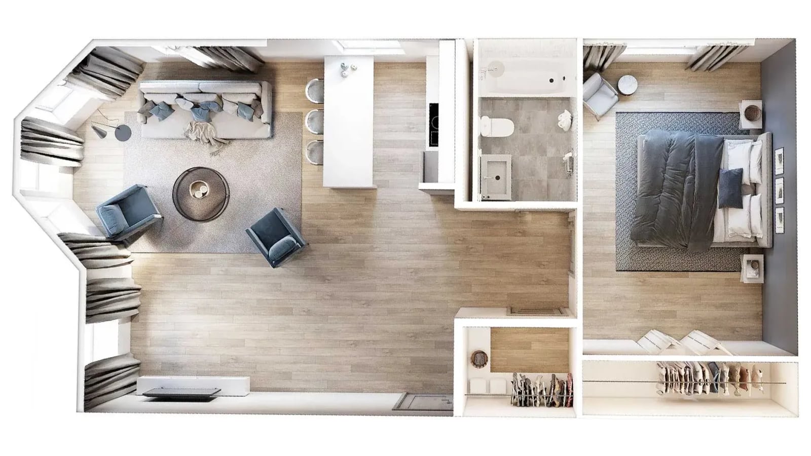 Rendered floor plan seen from above of a one-bedroom apartment with a bay-windowed living room, a kitchen counter, a bathroom, a bedroom and closets