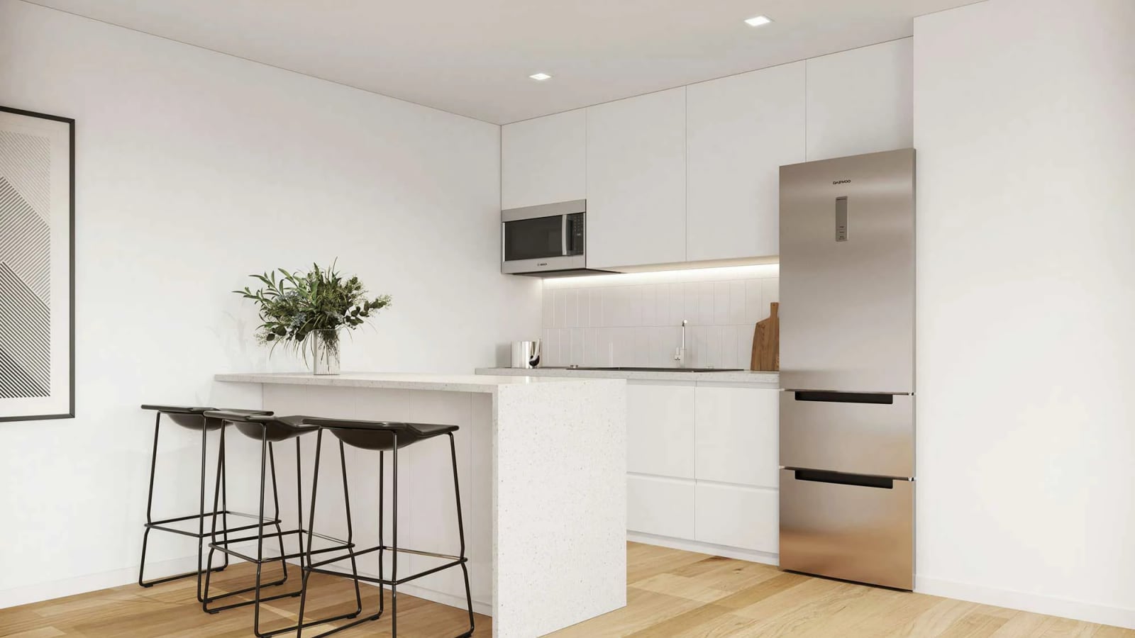 Rendering of a white kitchen with a breakfast bar and three black stools, a steel refrigerator, a microwave over the counter and a pale wood floor