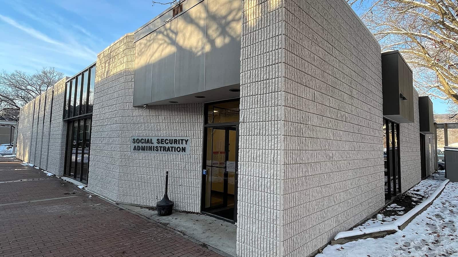 Social Security office entrance in a pale stone facade