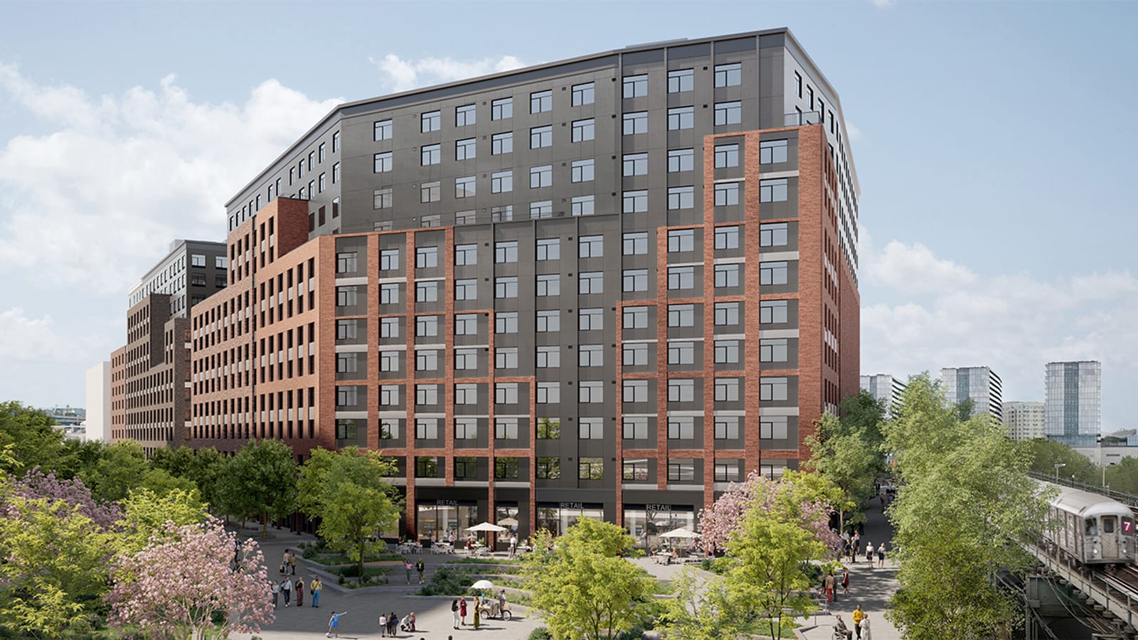 Rendering of a large apartment building in red brick and dark grey panels stepping up to its tallest corner, with shops marked RETAIL at street level, a plaza with trees, umbrellas and people in front, a second wing at the left, towers in the distance and a subway train numbered 7 on raised tracks at the right