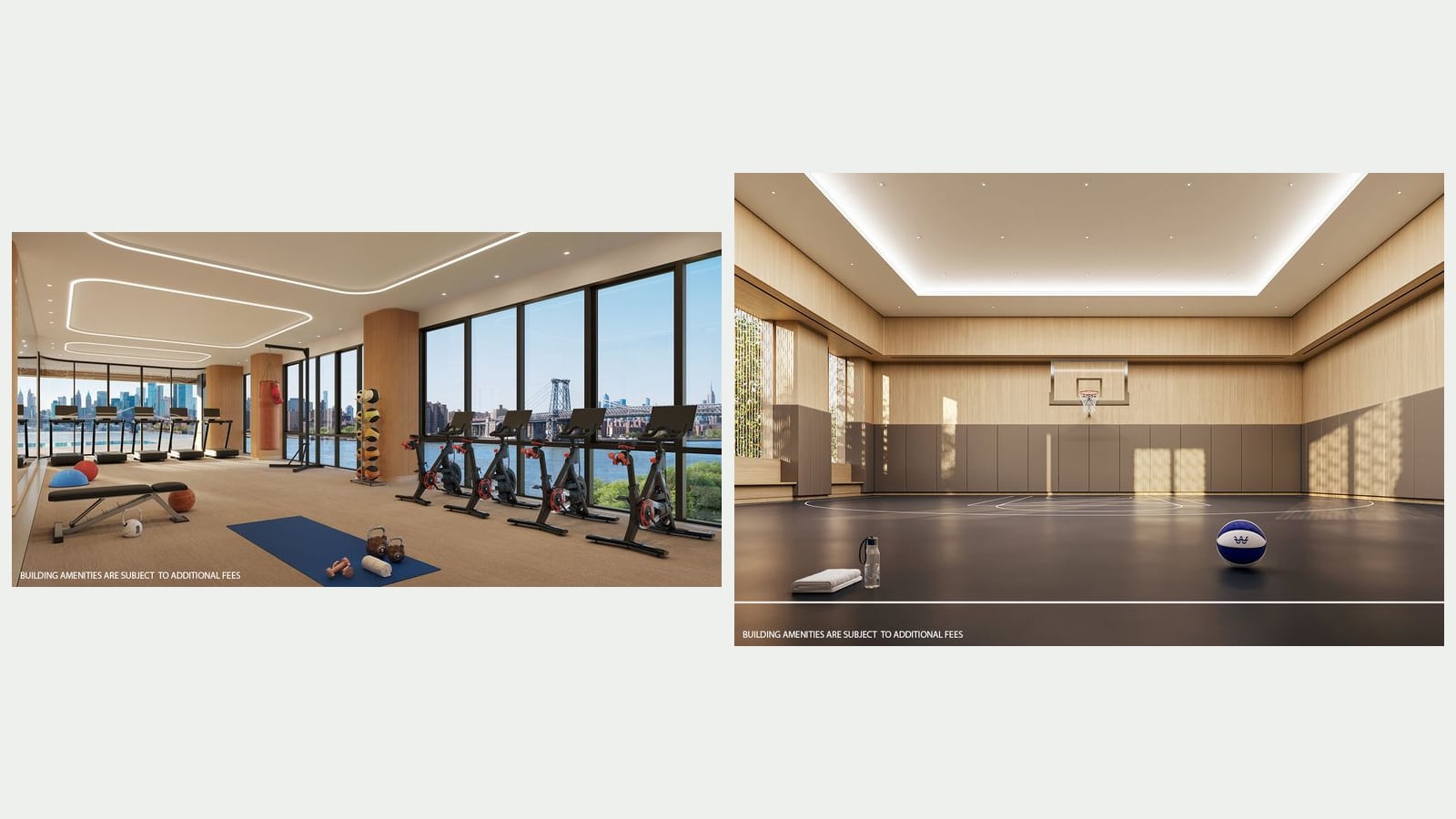 Two renderings side by side: at left a gym with treadmills and exercise bikes facing tall windows over the East River and the Williamsburg Bridge; at right an indoor basketball court with wood-paneled walls, padded lower walls and a ball on the floor. Each carries the line Building amenities are subject to additional fees