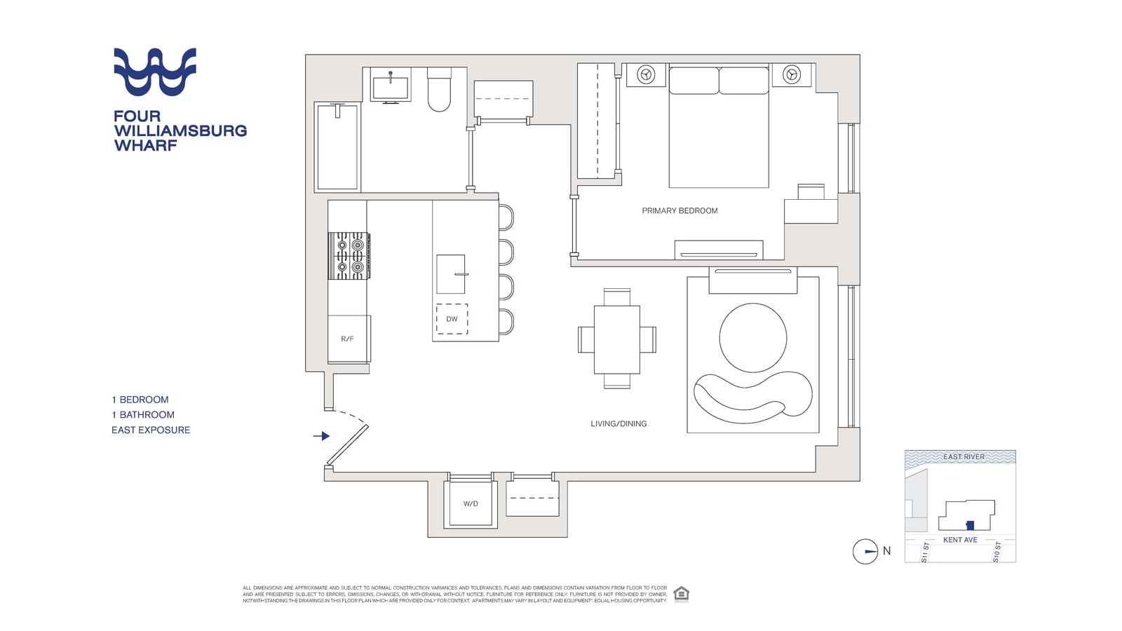 Floor plan of a one-bedroom labelled Four Williamsburg Wharf: an open kitchen with a range, refrigerator and an island with a sink and dishwasher, a living and dining room, a bedroom with a closet, a bathroom with a tub, and a washer-dryer closet by the entry