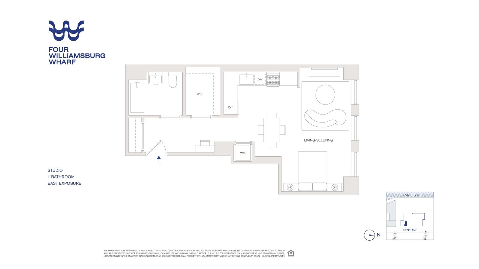 Floor plan of a studio labelled Four Williamsburg Wharf: an entry with a closet, a bathroom with a tub, a walk-in closet, a galley kitchen with a range, dishwasher and refrigerator, a washer-dryer closet, and a living and sleeping room with windows on one side; a small site key shows the building beside Kent Ave and the East River