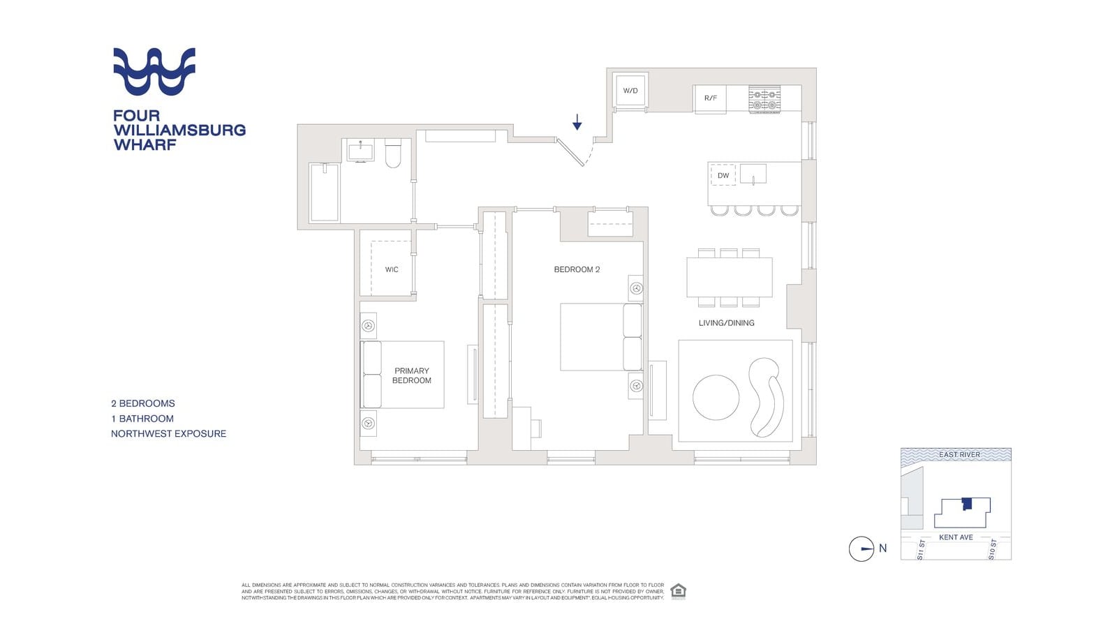Floor plan of a two-bedroom labelled Four Williamsburg Wharf: two bedrooms side by side, one bathroom with a tub, a walk-in closet, a washer-dryer closet, and an open kitchen with a range and an island facing a living and dining room