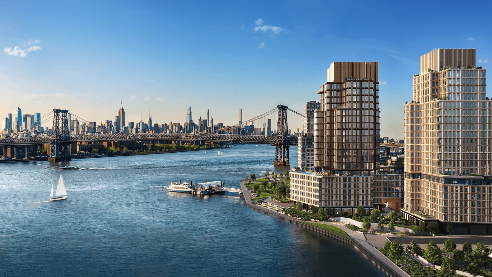 Rendering of tall bronze and glass apartment towers on the Brooklyn shore of the East River, with a waterfront lawn and promenade, a ferry dock, a sailboat on the river, the Williamsburg Bridge and the Manhattan skyline under a blue sky