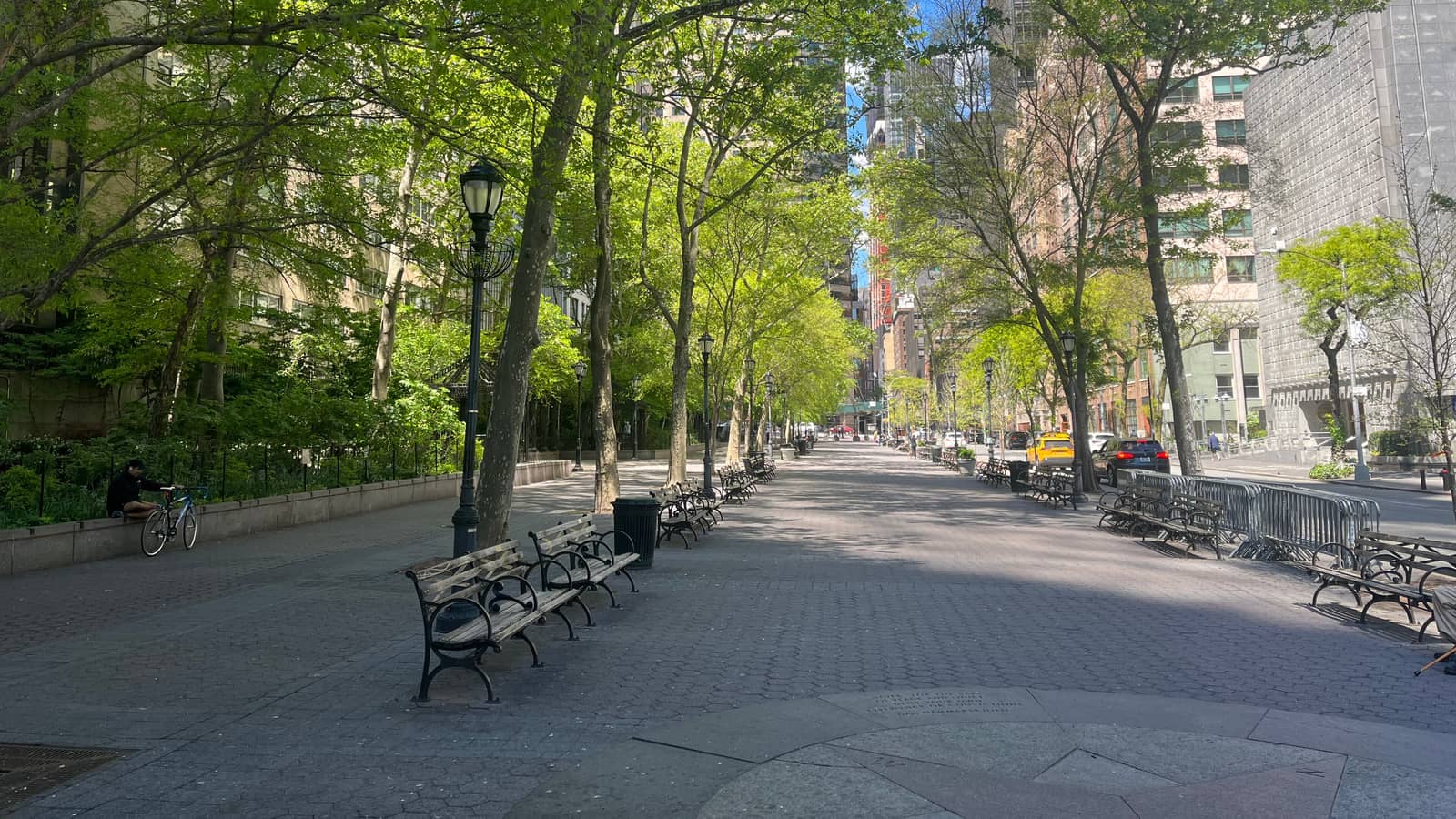 Photograph of a wide paved promenade lined with leafy trees, black lamp posts and rows of wooden benches, with a person and a bicycle at a low wall at left, parked cars and a yellow taxi at right, and tall buildings at the far end