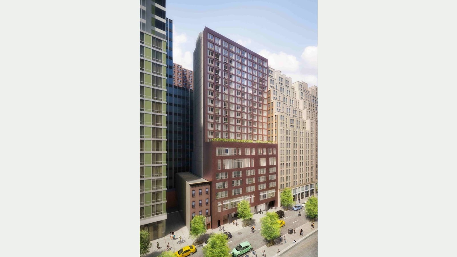 Rendering of a 21-story apartment building of dark red brick on a city side street, with an eight-story base topped by a planted terrace, a taller tower with a grid of square windows behind it, a small four-story brick row house at its left, taller beige and glass towers on both sides, street trees, cars, taxis and small figures on the sidewalks