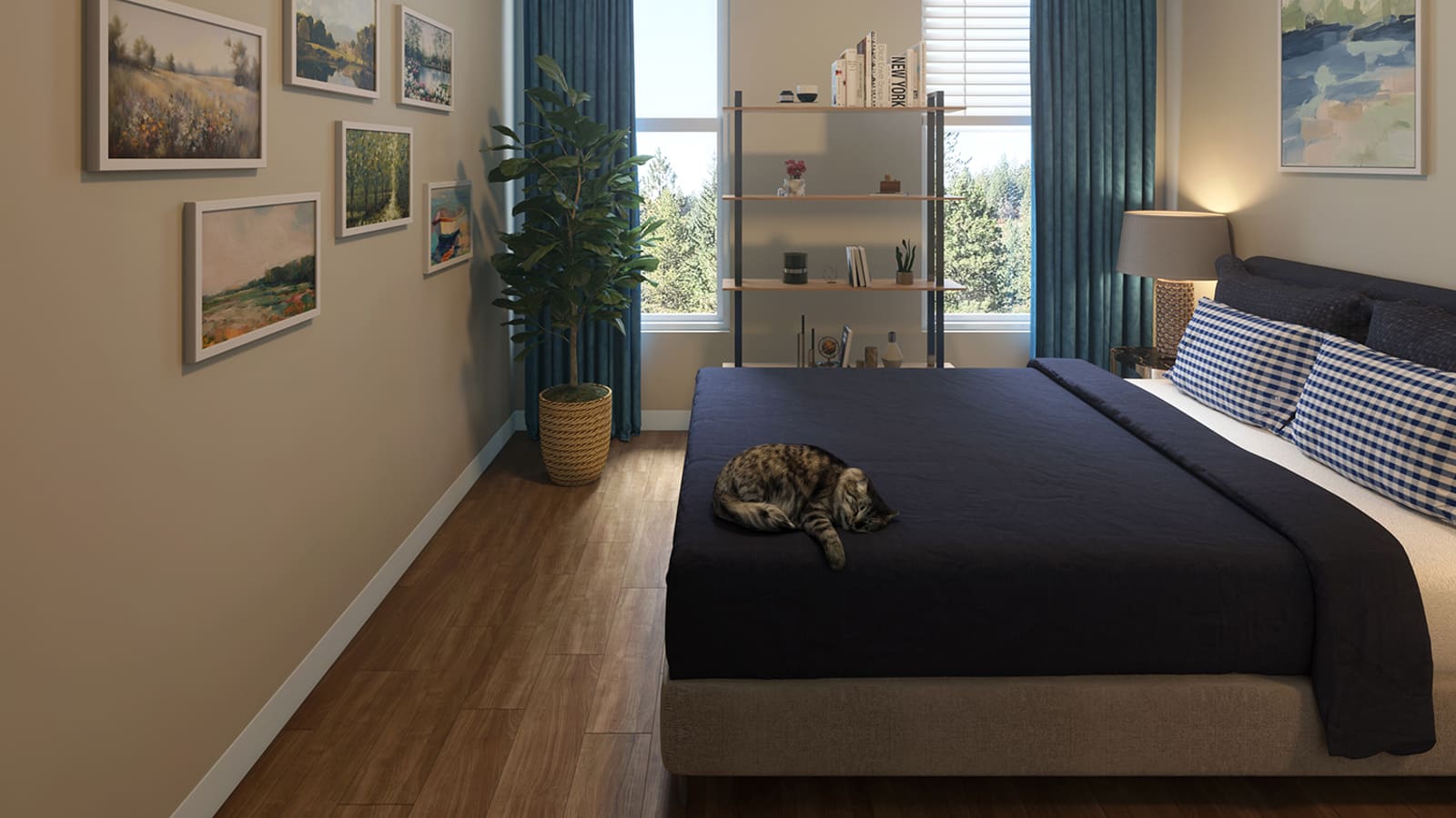 Rendering of a bedroom with a dark bedspread, a cat asleep on the bed, framed landscape prints and two tall windows with blue curtains
