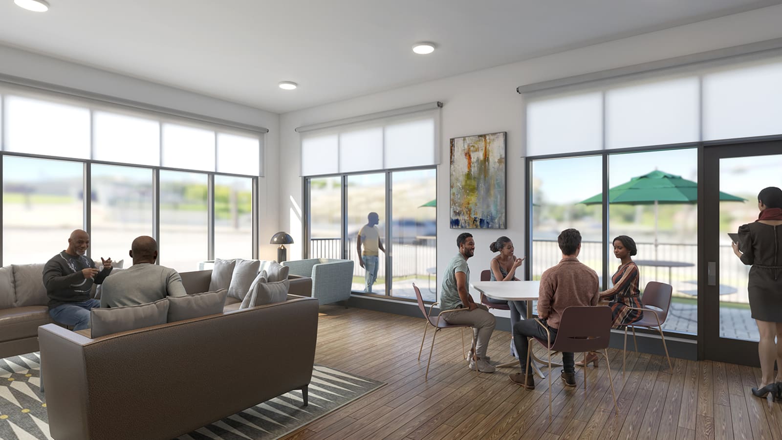 Rendering of a lounge with a gray sofa, a round table where four people sit, wood floors and tall windows facing a patio with a green umbrella