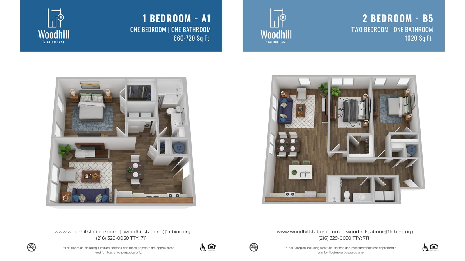 Two floor plan sheets side by side: a one-bedroom labeled A1, 660 to 720 square feet, and a two-bedroom labeled B5, 1,020 square feet