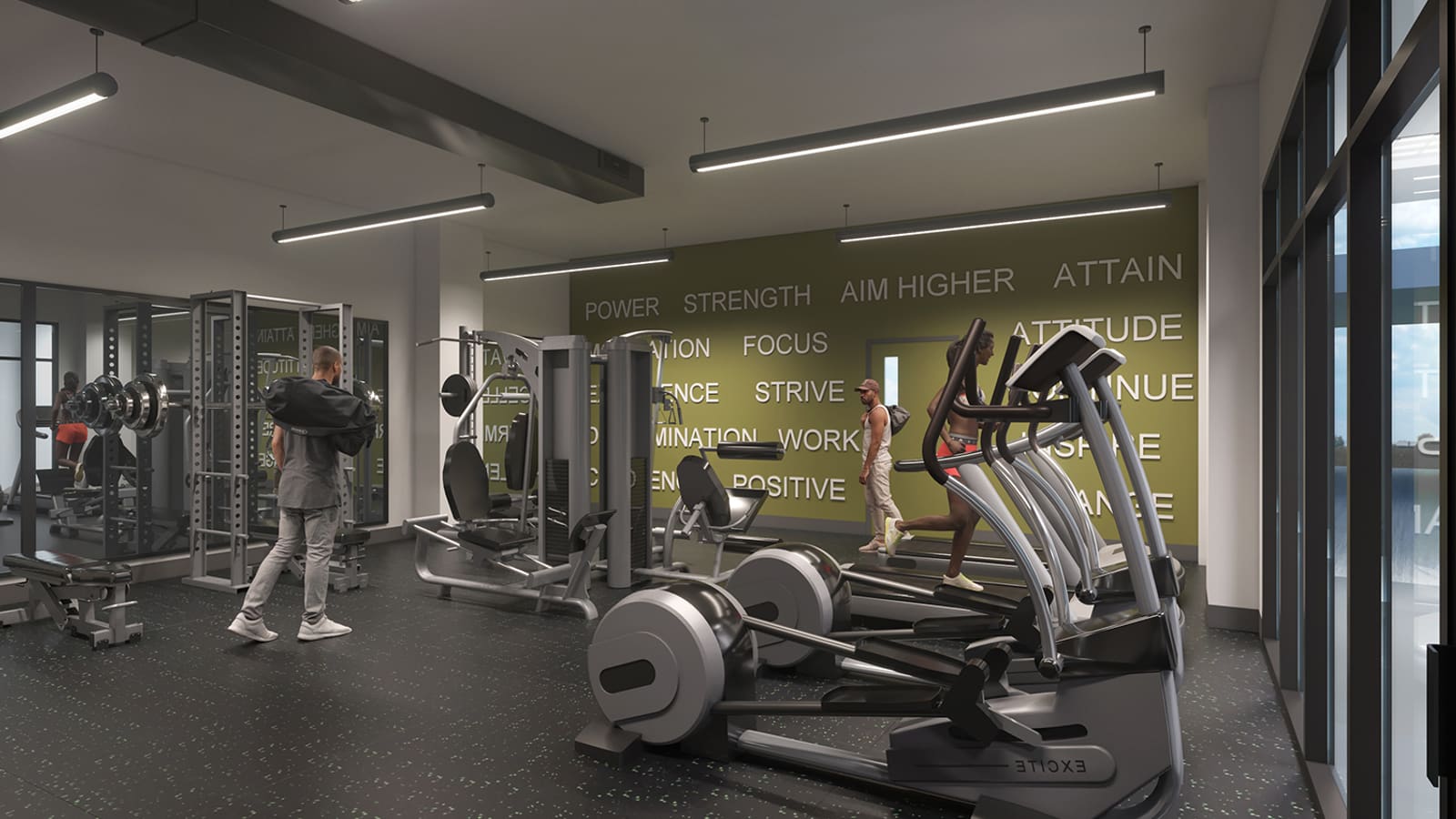 Rendering of a gym with weight racks, cable machines and elliptical trainers, and a green wall printed with words such as strength and focus