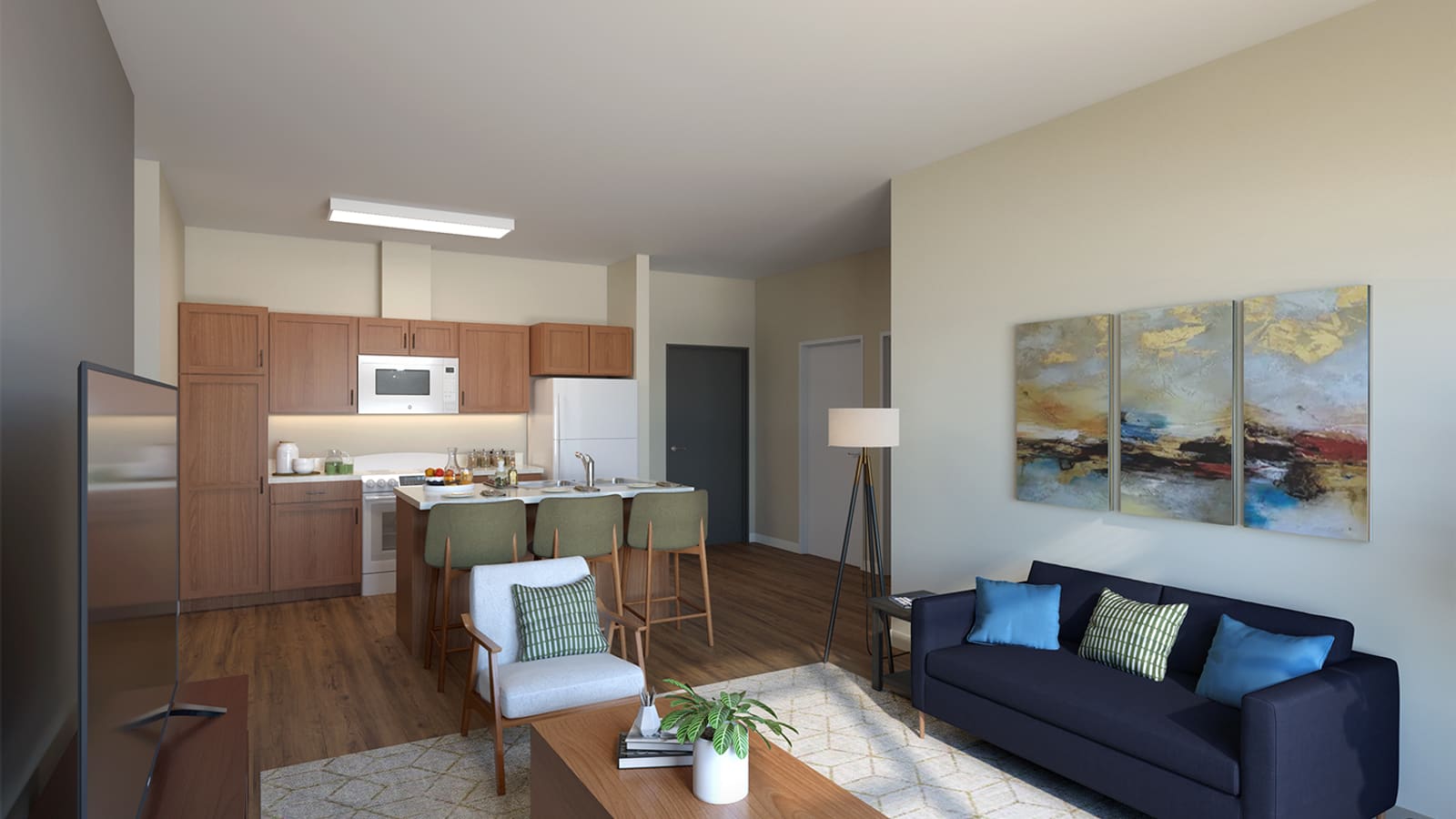Rendering of an open living room and kitchen with wood cabinets, white appliances, an island with three stools, a navy sofa and wood-look floors
