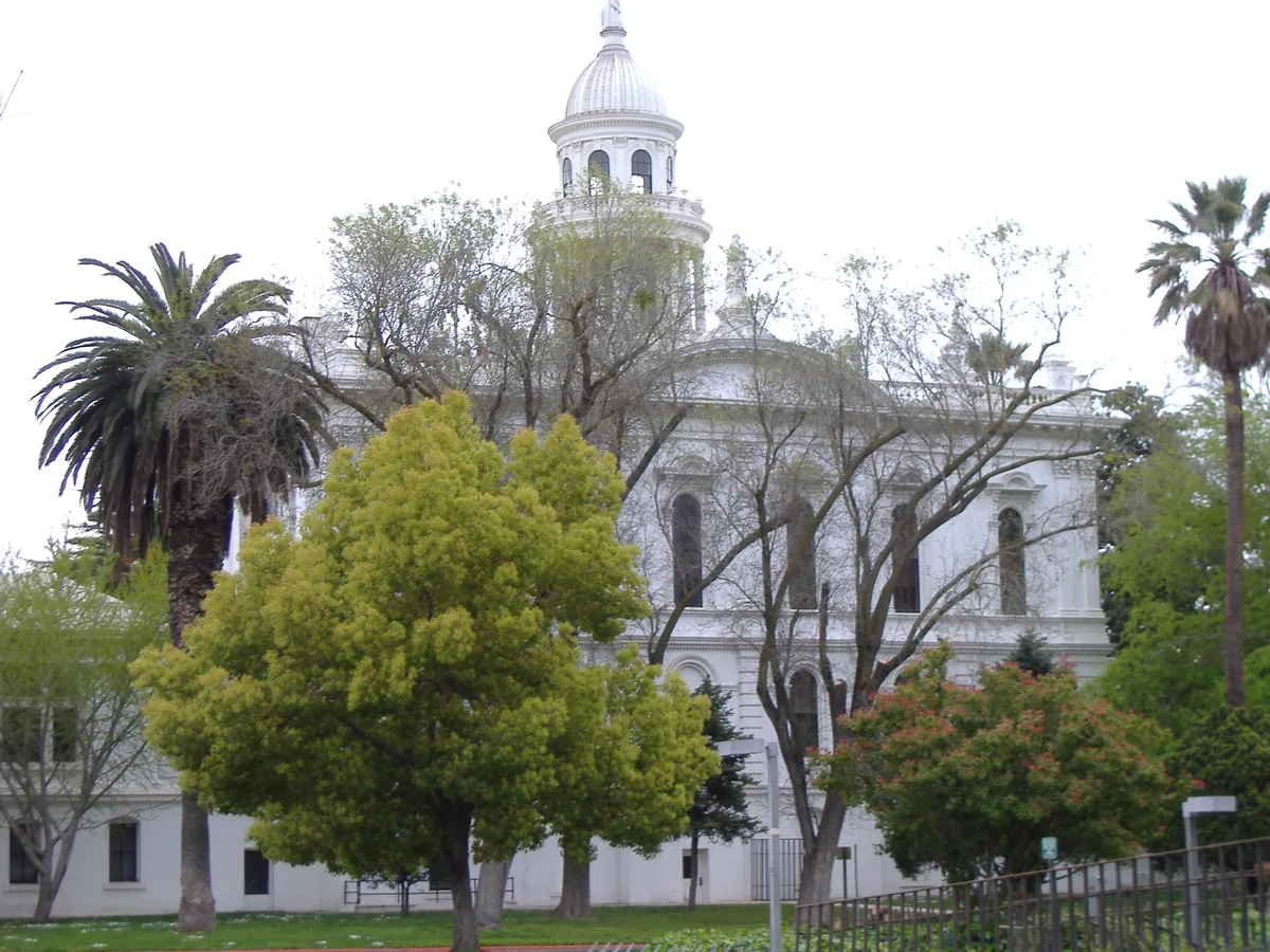 Historic Merced County Courthouse with its white facade and central tower