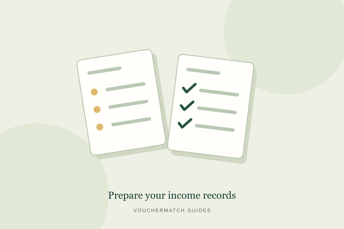 Illustration of an income-document checklist and supporting records.