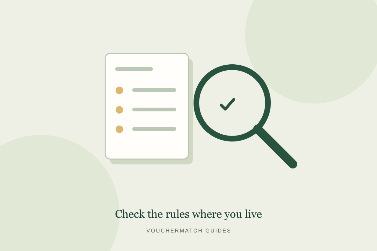 Illustration of a housing voucher and a checklist of local rental rules.