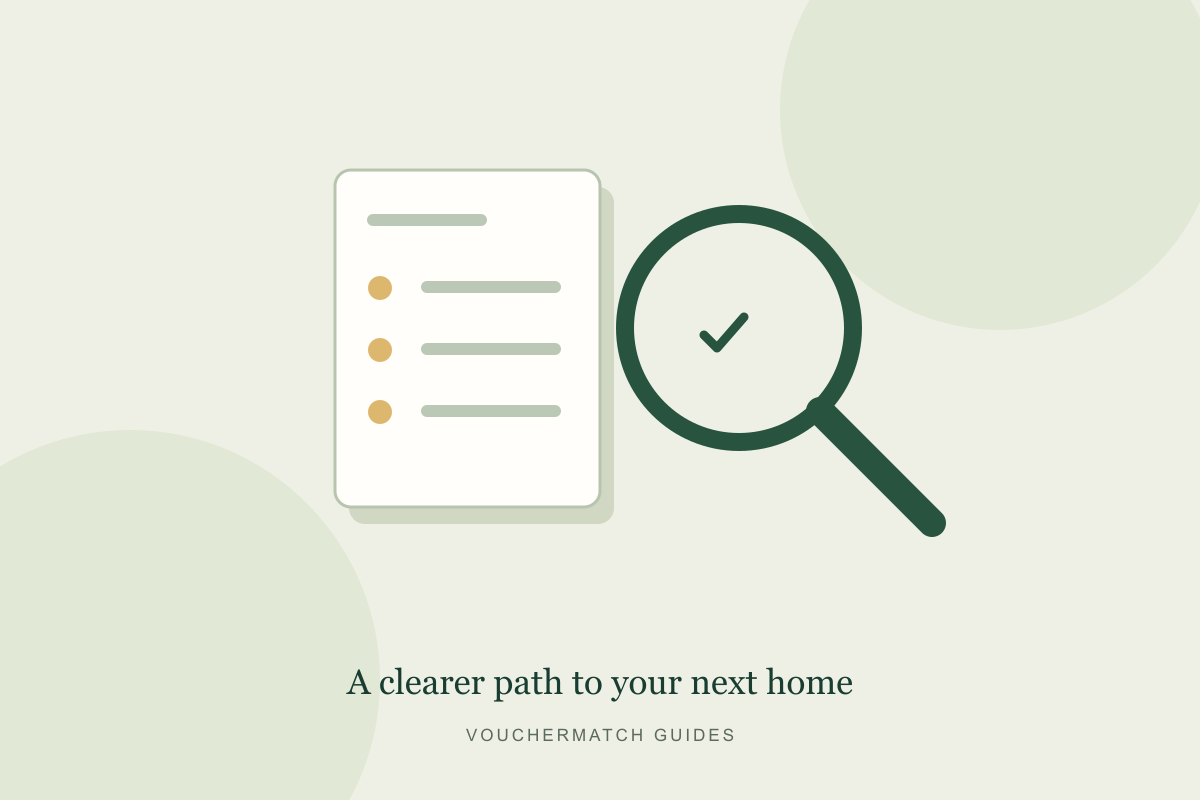 Illustration of a rental-search checklist and a magnifying glass.