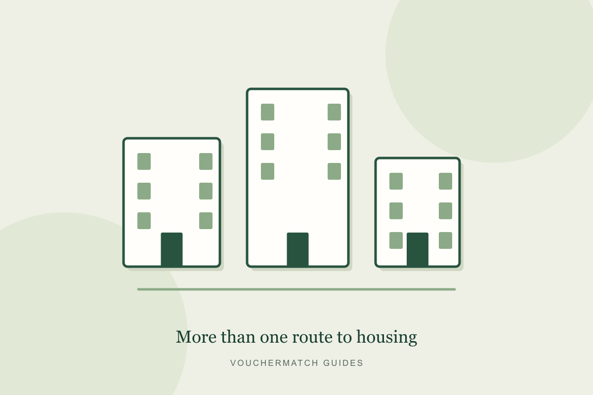 Illustration of different apartment buildings and routes to affordable housing.
