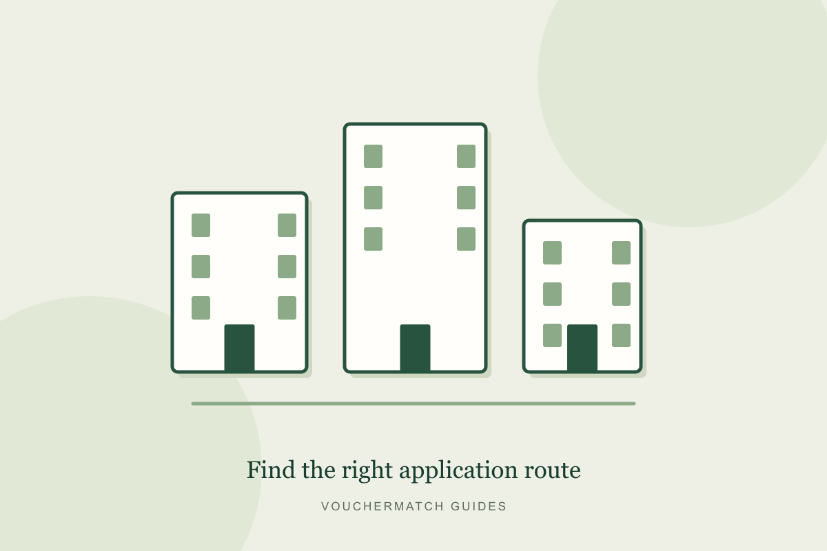 Illustration of apartment buildings and an application checklist.