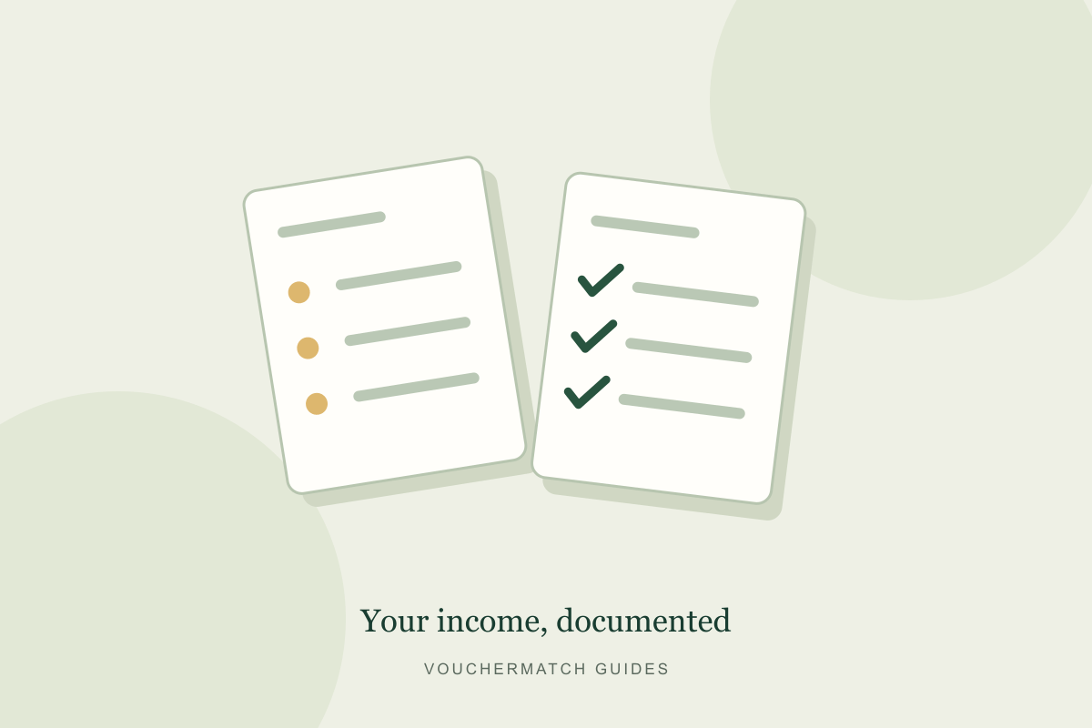 Illustration of benefit income records and a rental application.