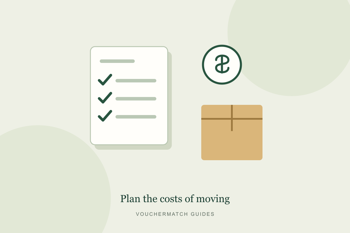 Illustration of a move-in budget checklist, moving box and a coin.