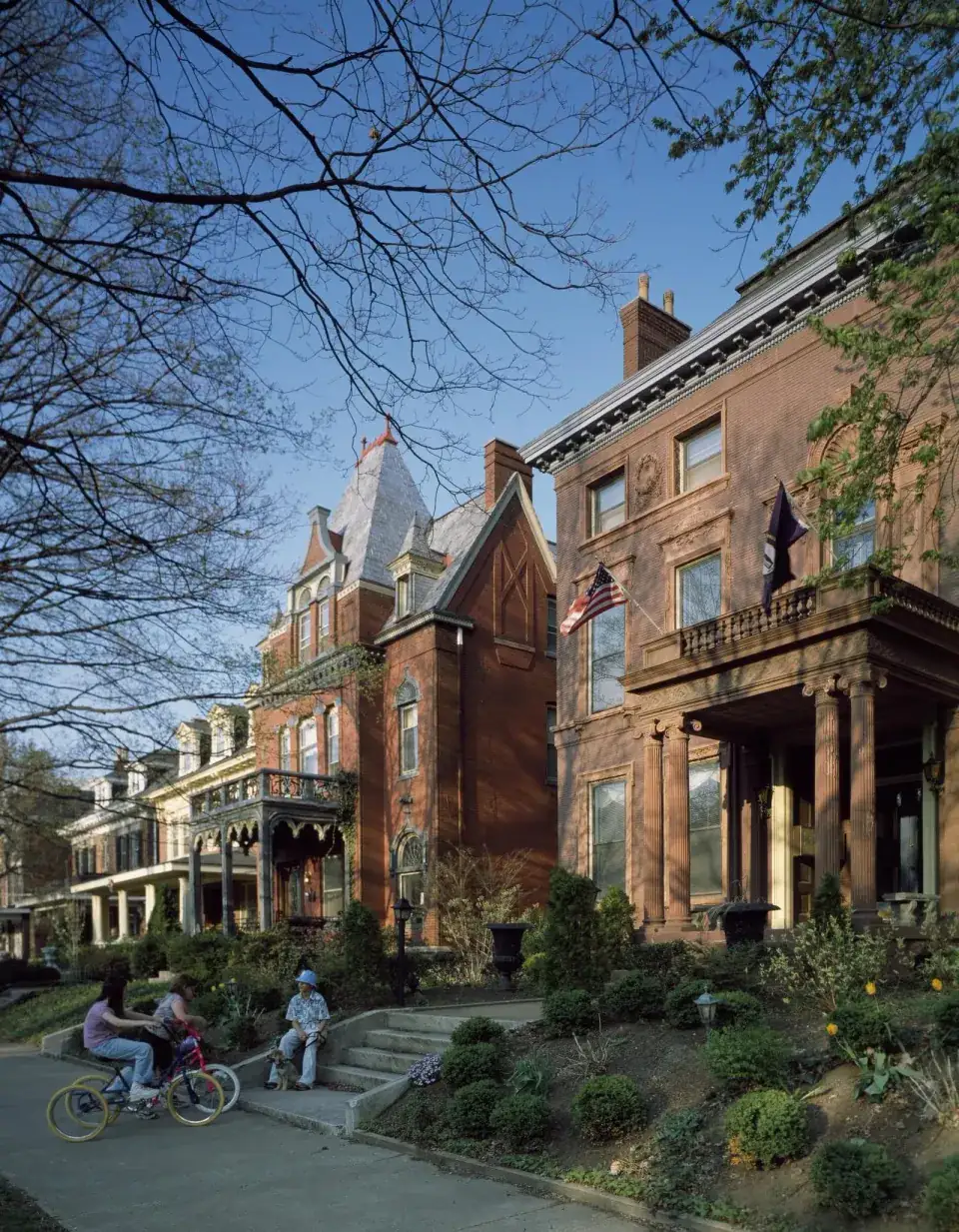 Historic Louisville homes with front steps and mature trees