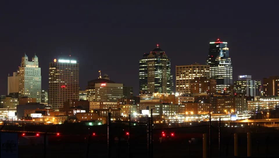 Kansas City, Missouri skyline at night viewed from Downtown Airport