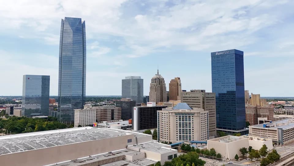 Oklahoma City skyline viewed from a drone
