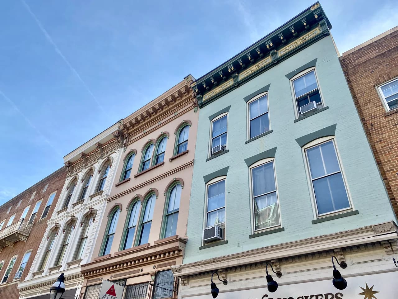 Storefronts and upper floors on Main Street in Bethlehem, Pennsylvania