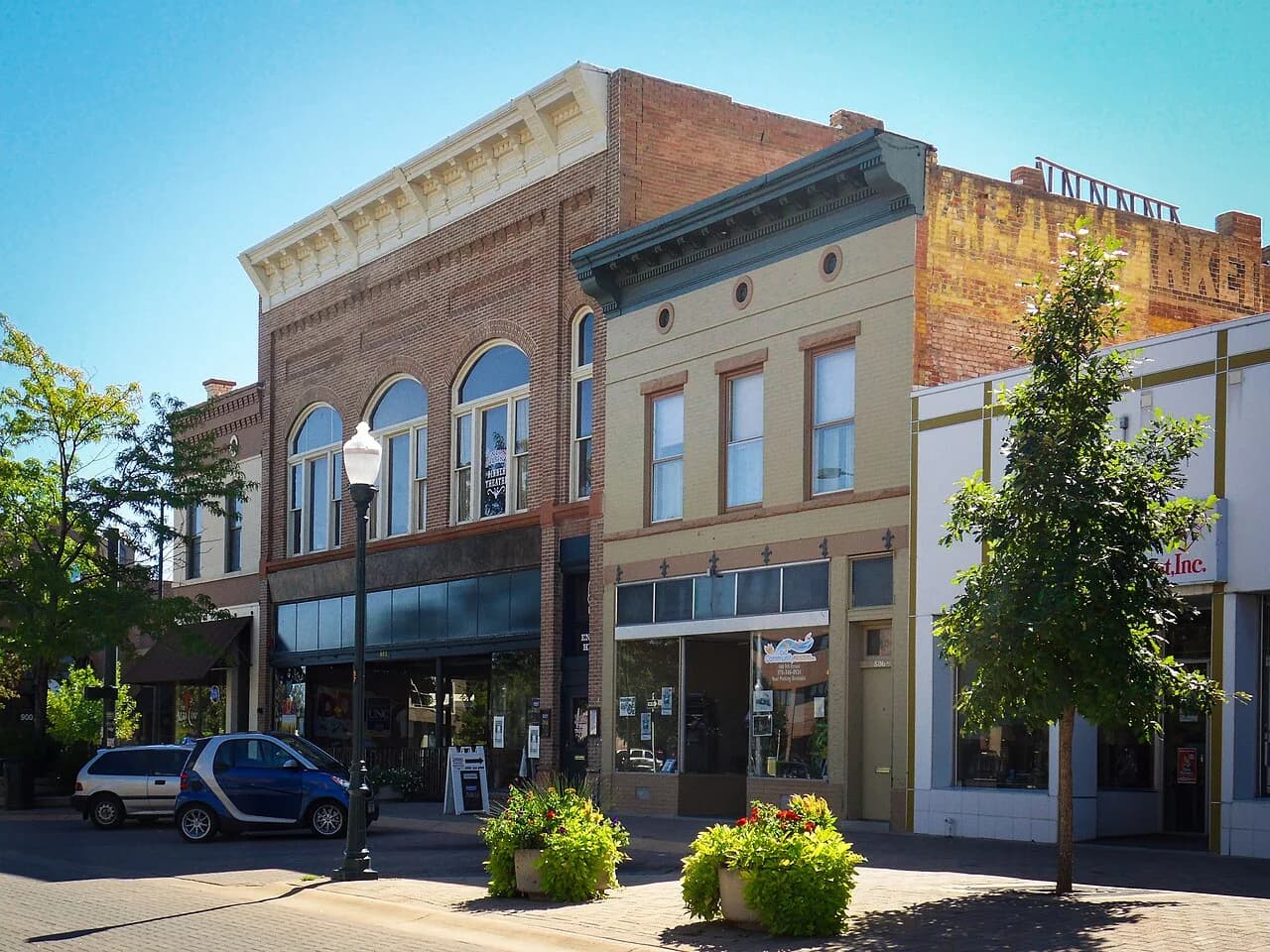 Historic brick commercial buildings along Ninth Street in downtown Greeley
