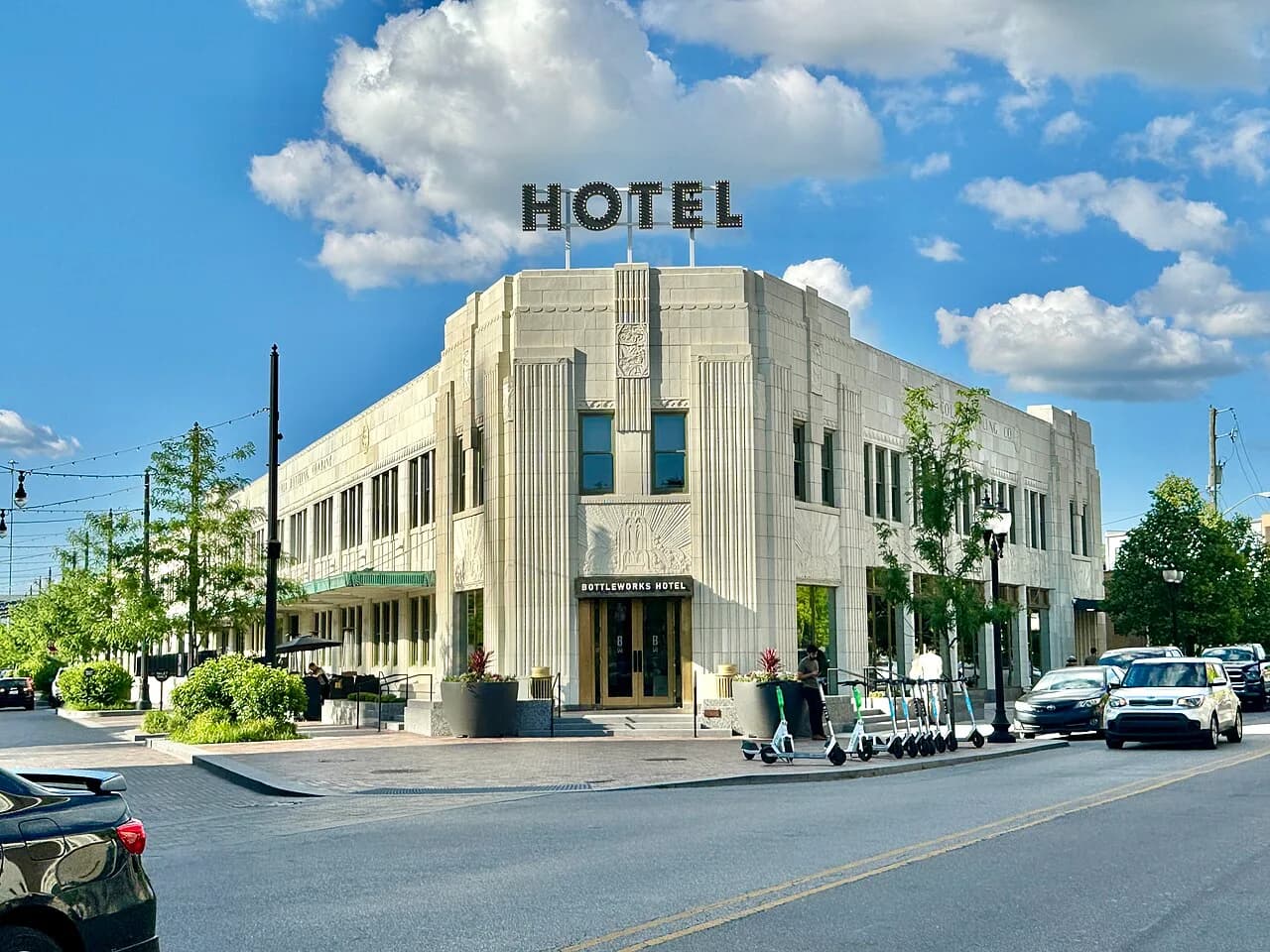 Art Deco exterior and hotel sign at Bottleworks on Massachusetts Avenue in Indianapolis